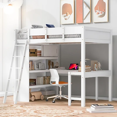 Streamdale Full Loft Bed with Desk and Shelf - White