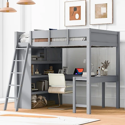 Streamdale Full Size Loft Bed with Desk and Shelf - White