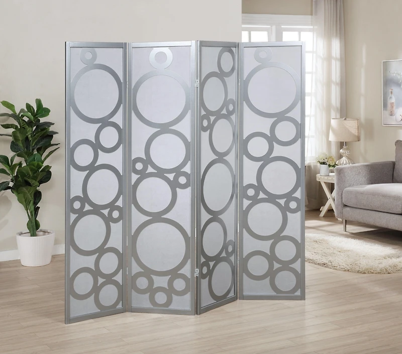 Streamdale Furniture 4-Panel Wood Room Divider with Circle Pattern, Silver