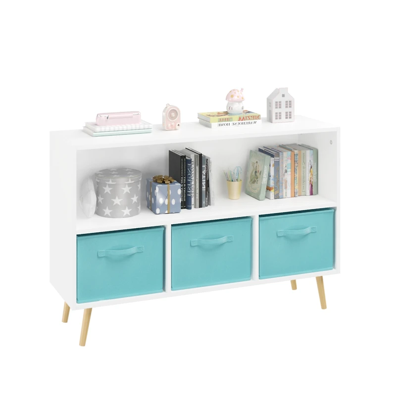 Simplie Fun Kid's Bookshelf with Cloth Drawers, White Mdf and Pine, Safety Buckle