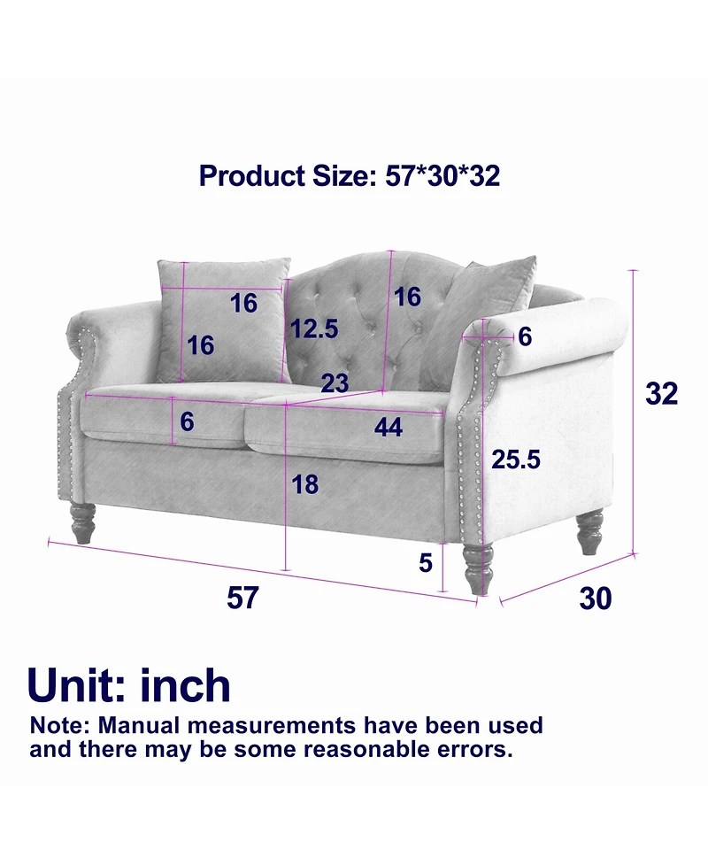 Classic Chesterfield Sofa 2-Seater with Nailhead Trim and Velvet Fabric