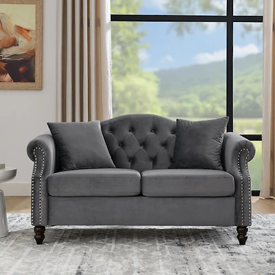 Classic Chesterfield Sofa 2-Seater with Nailhead Trim and Velvet Fabric
