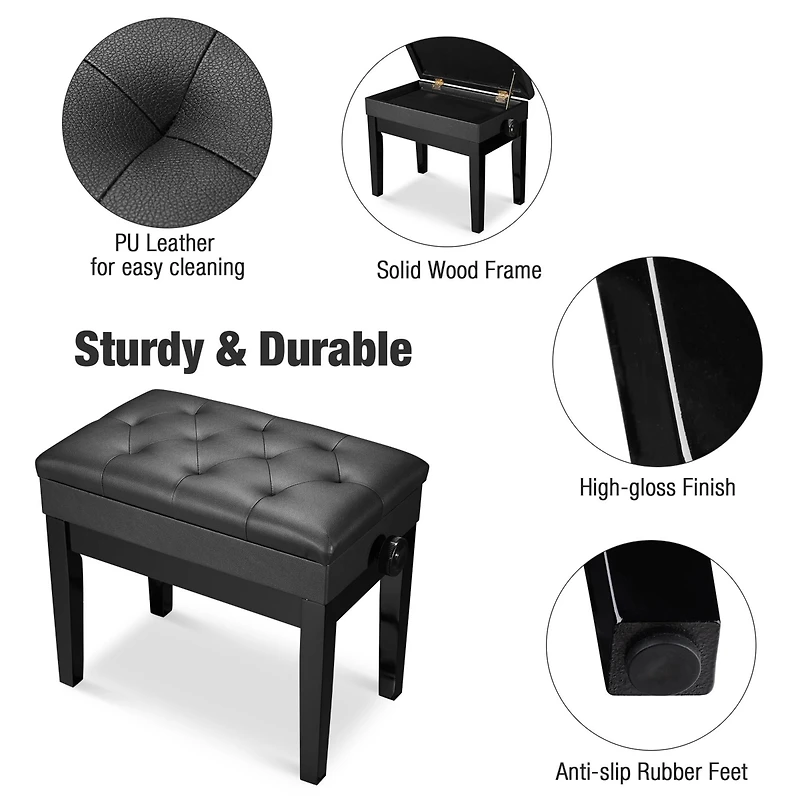 Piano Bench Pu Leather Storage Adjustable Height Padded Seat Keyboard Black
