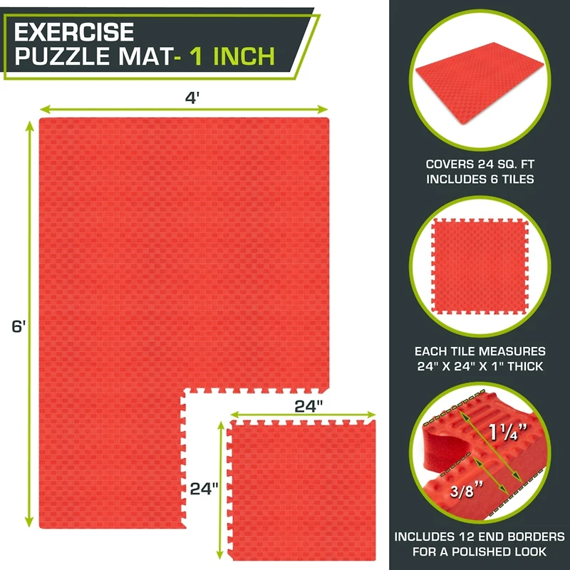 ProsourceFit Checkered Puzzle Exercise Mat 1-in, 24 Sq Ft - 6 Tiles
