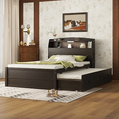 Streamdale Full-Size Led Bed with Trundle and Storage Headboard
