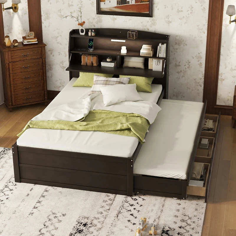 Streamdale Full-Size Led Bed with Trundle and Storage Headboard
