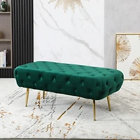 Velvet Button Tufted Bench with Gold Metal Legs, Green