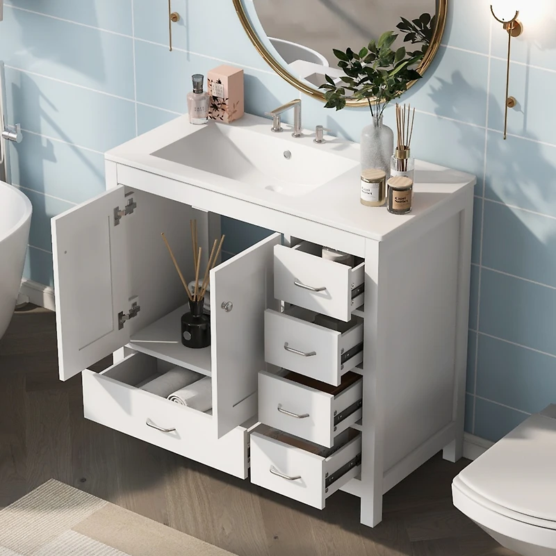 36" White Bathroom Vanity with Premium Ceramic Sink