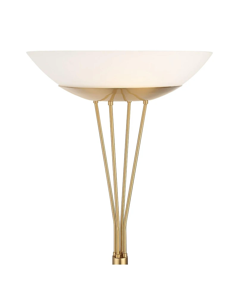 Possini Euro Design Ventura Mid Century Modern Torchiere Floor Lamp Standing Led 75" Tall Black Antique Brass Gold Metal Frosted Glass Bowl Shade for