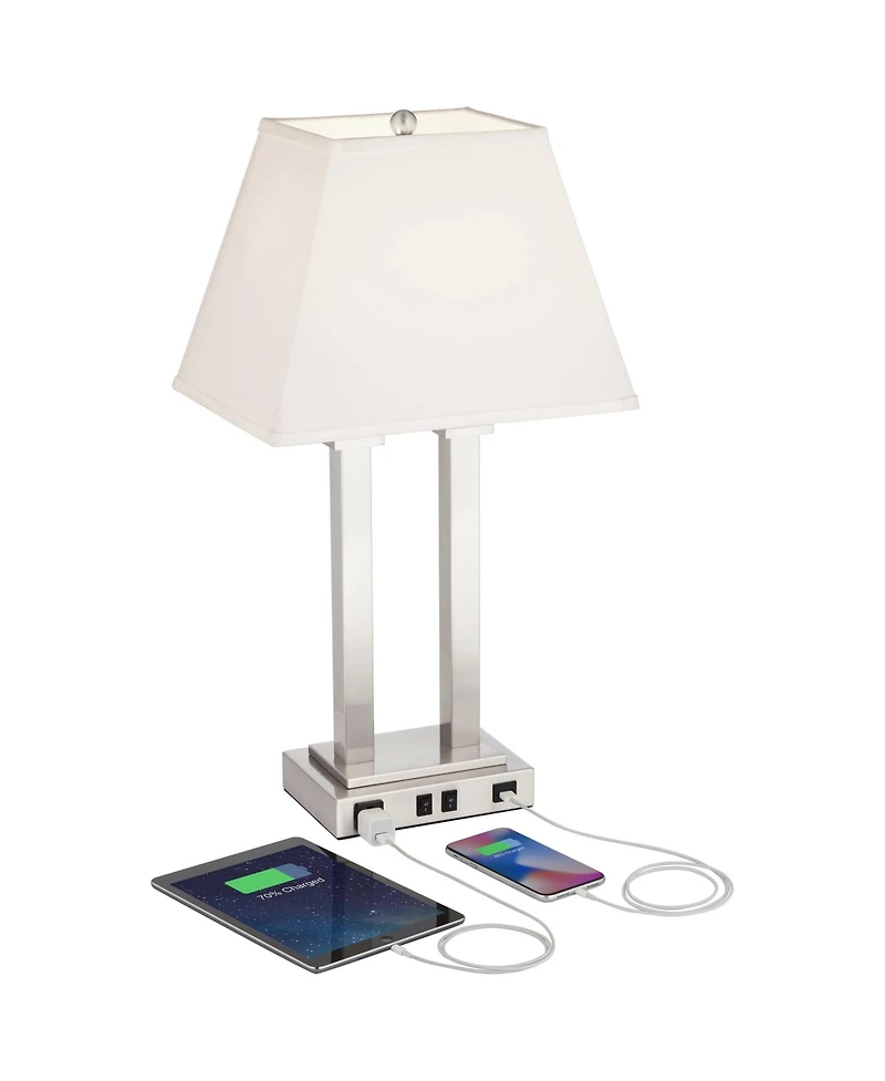 Possini Euro Design Amity Modern Table Lamp 26" High Brushed Nickel with Usb and Ac Power Outlet in Base White Linen Shade for Bedroom Bedside De