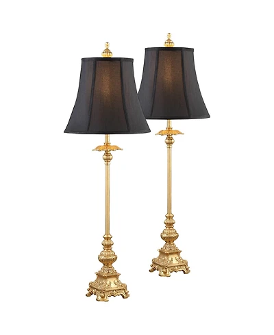 Regency Hill Traditional Buffet Table Lamps 36.5" Tall Set of 2 Gold Intricate Details Black Fabric Bell Shade for Dining Room