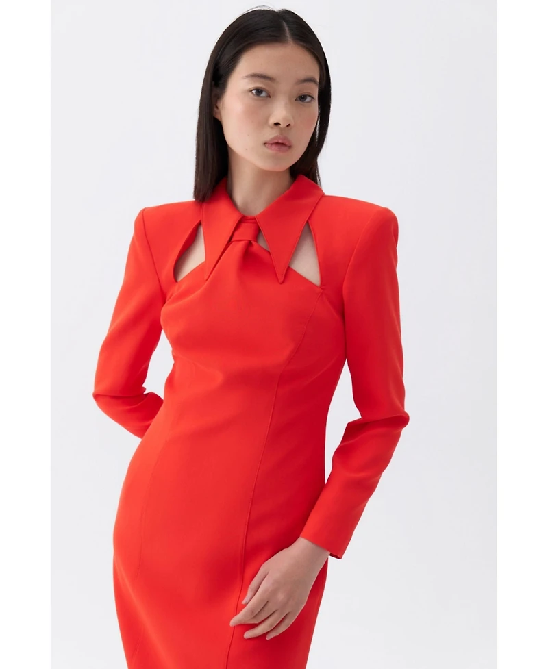 Nocturne Women's Tie Neck Midi Dress with Shoulder Pad