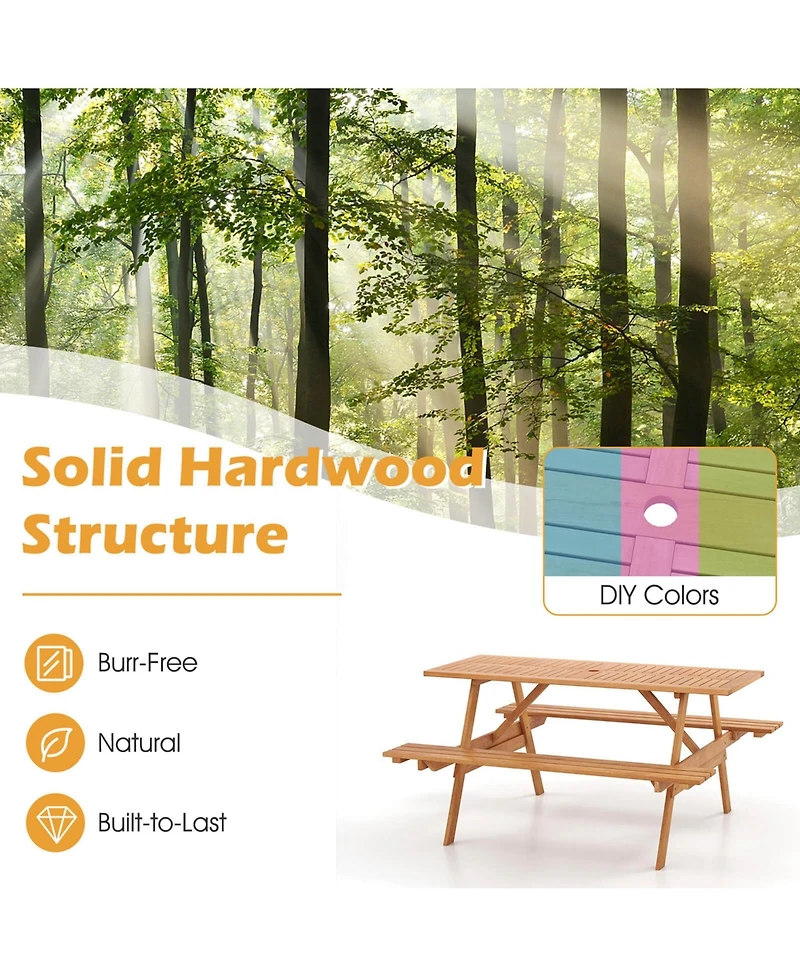 6 Person Picnic Table Set with Patio Table 2 Built-in Benches 2" Umbrella Hole