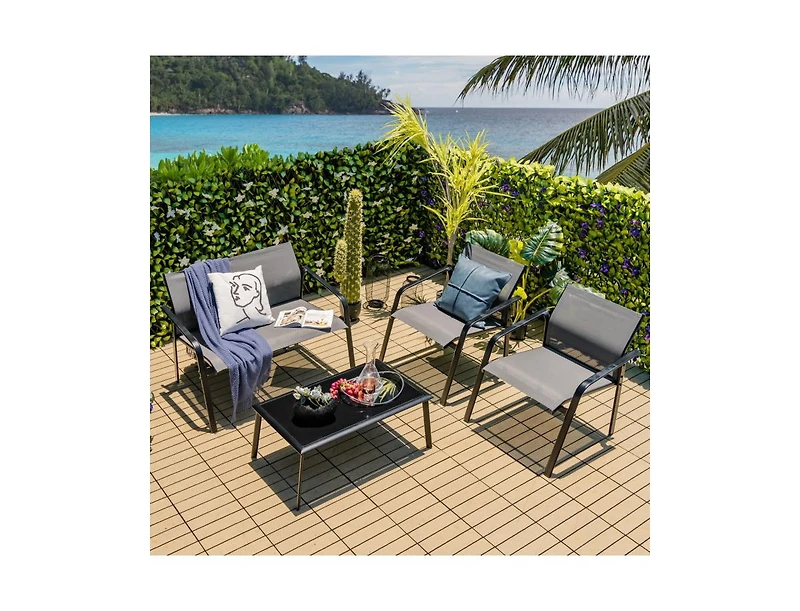 Slickblue 4 Pieces Patio Furniture Set with Armrest Loveseat Sofas and Glass Table Deck