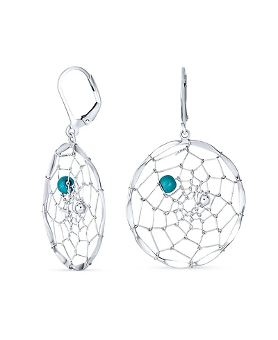 Bling Jewelry Blue Synthetic Turquoise Lever back Western Native American Indian Large Round Dream Catcher Earrings Sterling Silver