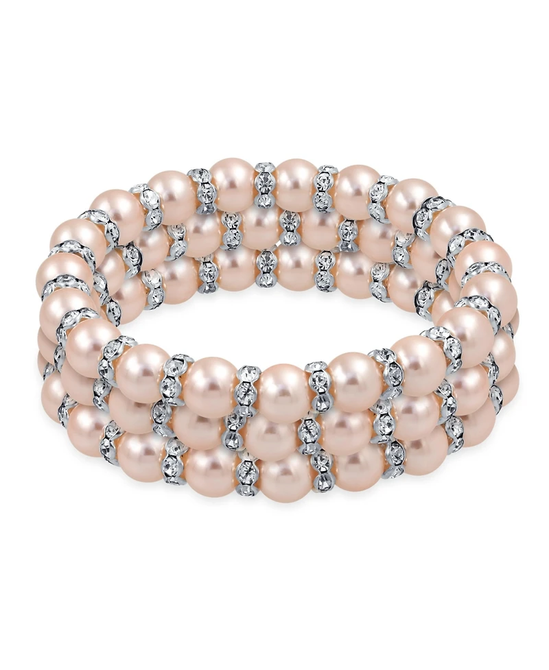 Bling Jewelry Set of 3 Light Pink Simulated Pearl Stackable Strand Stretch Bracelet White Crystal Rondelle Spacer Silver Plated Brass