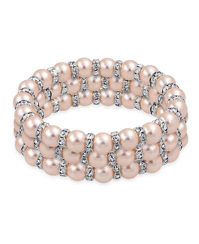 Bling Jewelry Set of 3 Light Pink Simulated Pearl Stackable Strand Stretch Bracelet White Crystal Rondelle Spacer Silver Plated Brass