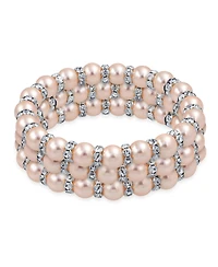 Bling Jewelry Set of 3 Light Pink Simulated Pearl Stackable Strand Stretch Bracelet White Crystal Rondelle Spacer Silver Plated Brass