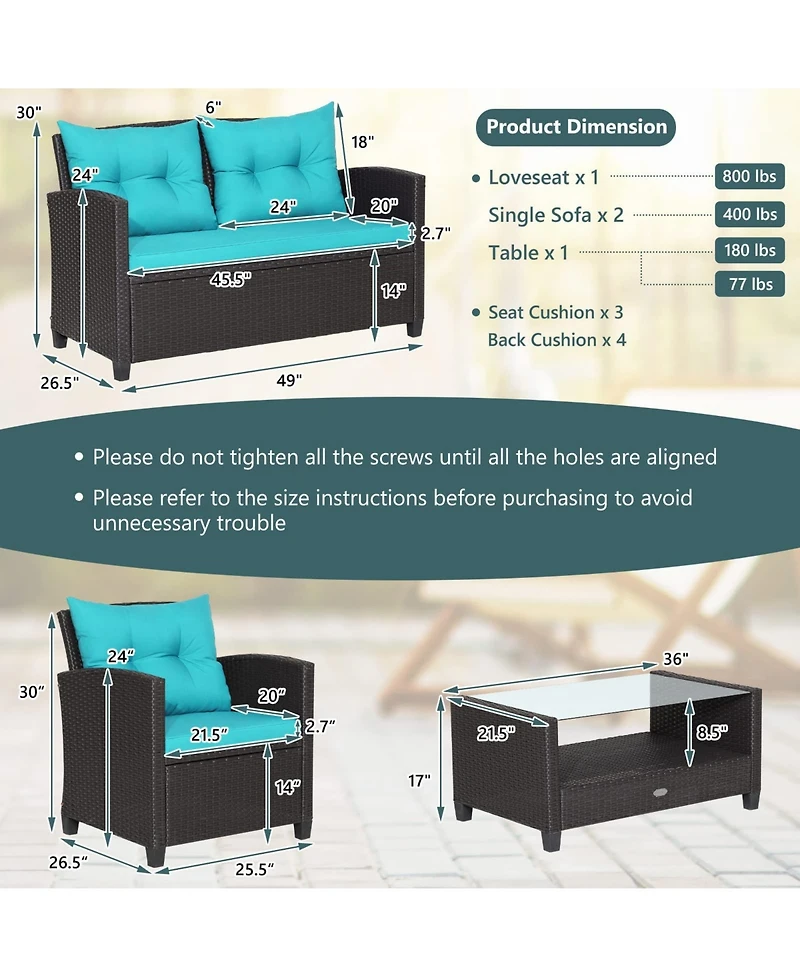 4 Pieces Patio Rattan Conversation Furniture Set with Glass Top Coffee Table