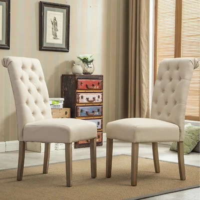 Solid Wood Tufted Parsons Dining Chair, Set of 2, Tan