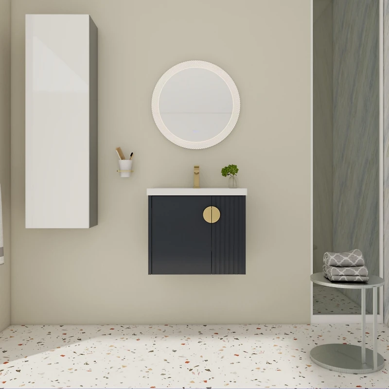 Wall-Mounted Vanity | Dual-Door with 3D Wave | Ceramic Sink | Soft-Close | Metallic