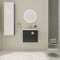 Wall-Mounted Vanity | Dual-Door with 3D Wave | Ceramic Sink | Soft-Close | Metallic