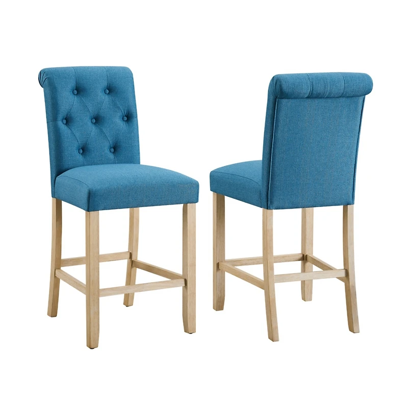 Siena Counter Height Button Tufted Back Solid Wood Stools, Set of 2, Blue