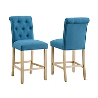 Siena Counter Height Button Tufted Back Solid Wood Stools, Set of 2, Blue