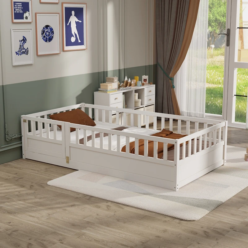 Streamdale Furniture Twin Size Floor bed, integral construction with super high security barrier, door, children's floor bed frame, Montessori wooden