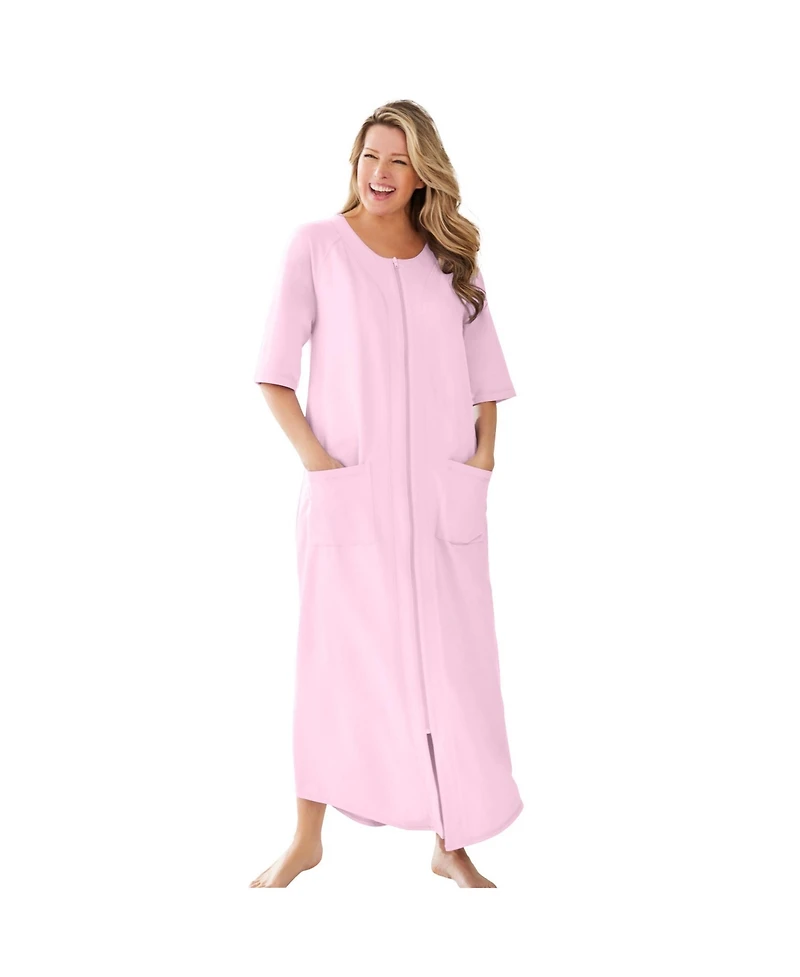 Dreams & Co. Women's Plus Size Petite Long French Terry Zip-Front Robe
