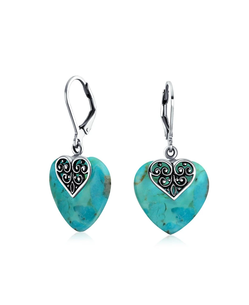 Bling Jewelry Boho Bali Style Scroll Filigree Blue Natural Turquoise Heart Shaped Dangling Earrings Oxidized Sterling Silver Lever back