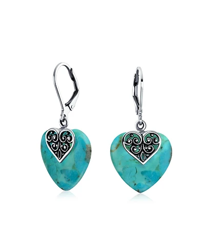 Bling Jewelry Boho Bali Style Scroll Filigree Blue Natural Turquoise Heart Shaped Dangling Earrings Oxidized Sterling Silver Lever back