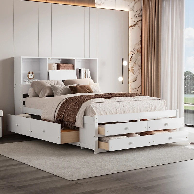 Streamdale Queen Size Platform Bed with Storage Headboard and 8 Drawers, White