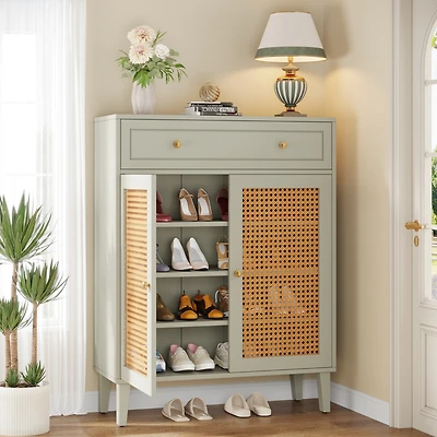 Tribesigns Shoe Cabinet with Doors and Drawer, Modern Shoe Storage Cabinet for Entryway, Rattan Shoes Cabinet with Adjustable Shelf, Wooden Shoe Organ