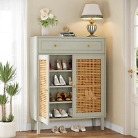 Tribesigns Shoe Cabinet with Doors and Drawer, Modern Shoe Storage Cabinet for Entryway, Rattan Wooden Shoe Organizer with Adjustable Shelf, Green
