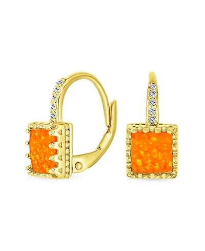 Bling Jewelry Art Deco Style Antique Filigree Royal Crown Setting Square Solitaire Fire Orange Created Opal Drop Earrings Gold Plated .925 Sterling Si