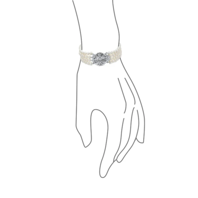 Bling Jewelry Antique Art Deco Style Wide Statement Four Multi Strand White Freshwater Cultured Pearl Bracelet Silver Plated Brass 7.5"