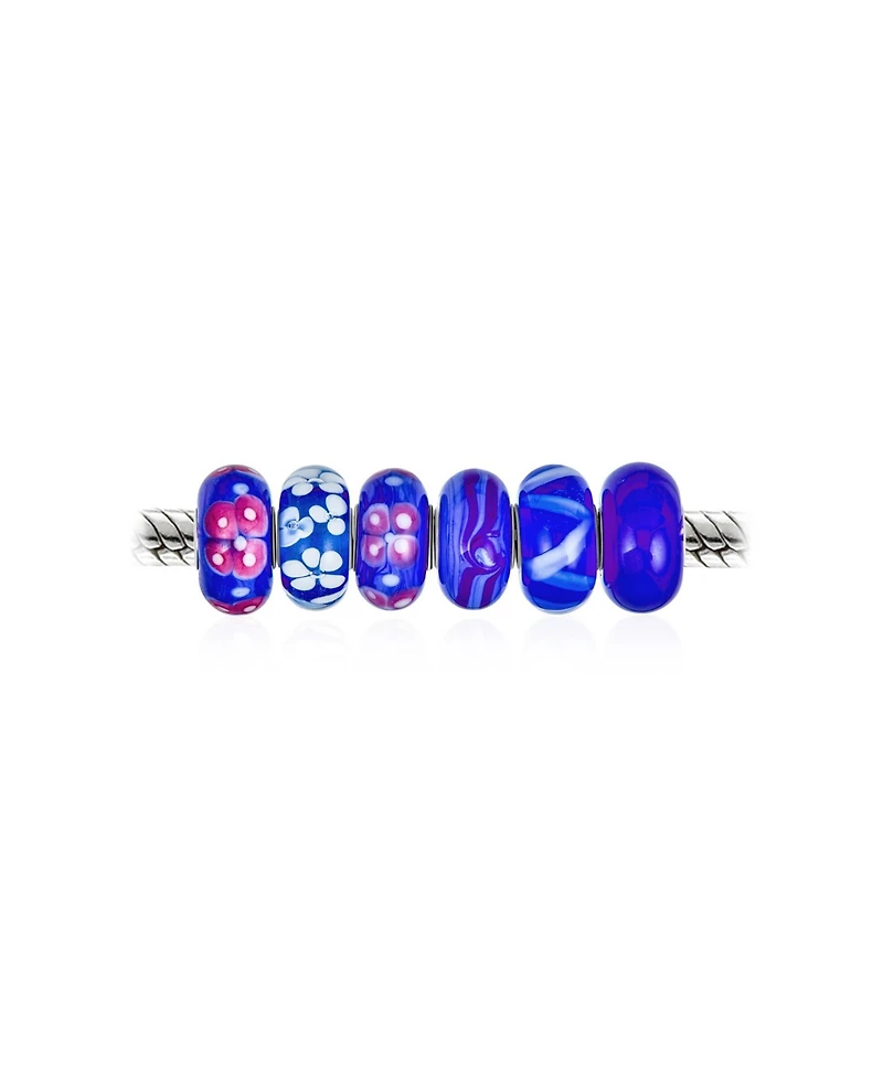 Bling Jewelry Mixed Set Of Bundle Sterling Silver Core Translucent Shades Of Blue Murano Glass Lamp work 3DFlower Charm Bead Spacer Fits European Brac