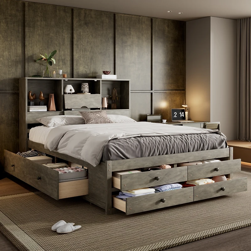 Streamdale Queen Platform Bed with Storage Headboard and 8 Drawers, White