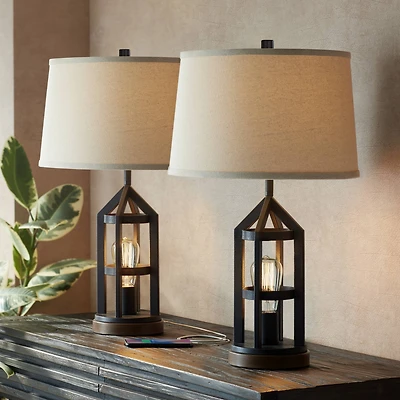 Franklin Iron Works Lucas Western Table Lamps 26" High Set of 2 Bronze with Usb Charging Port and Nightlight Led Drum Shade for Bedroom Bedside D