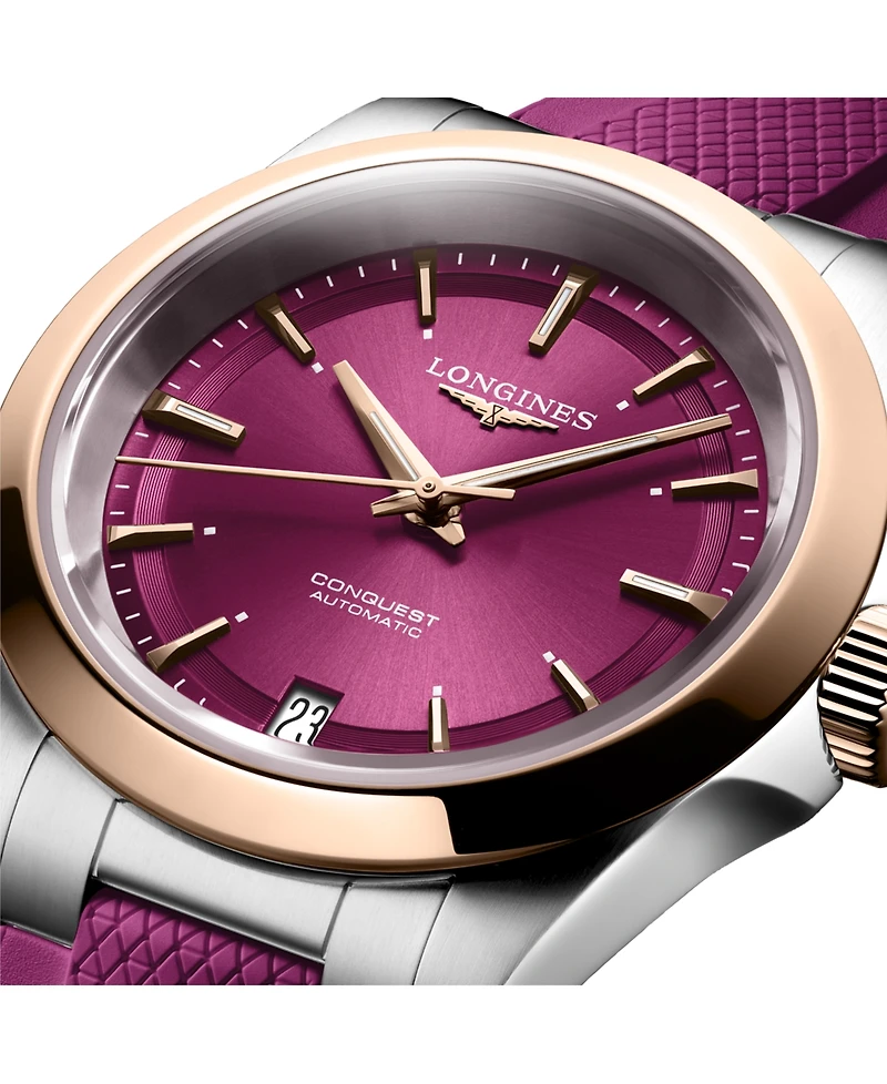 Longines Women's Swiss Automatic Conquest Purple Rubber Strap Watch 34mm