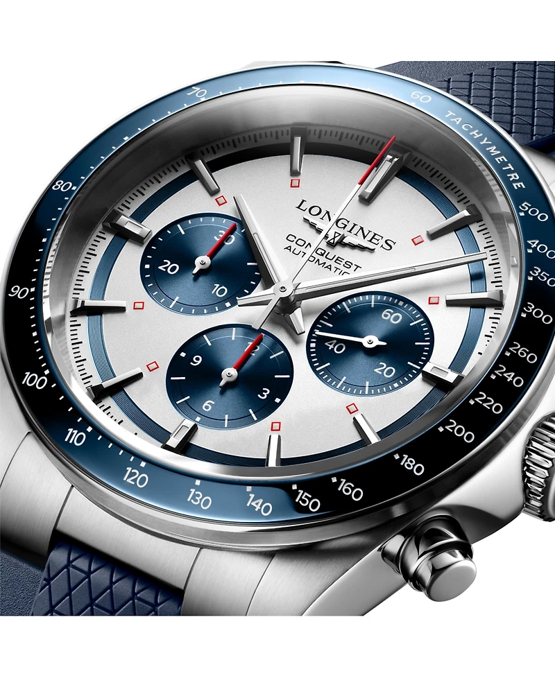 Longines Men's Swiss Automatic Chronograph Conquest Blue Rubber Strap Watch 42mm