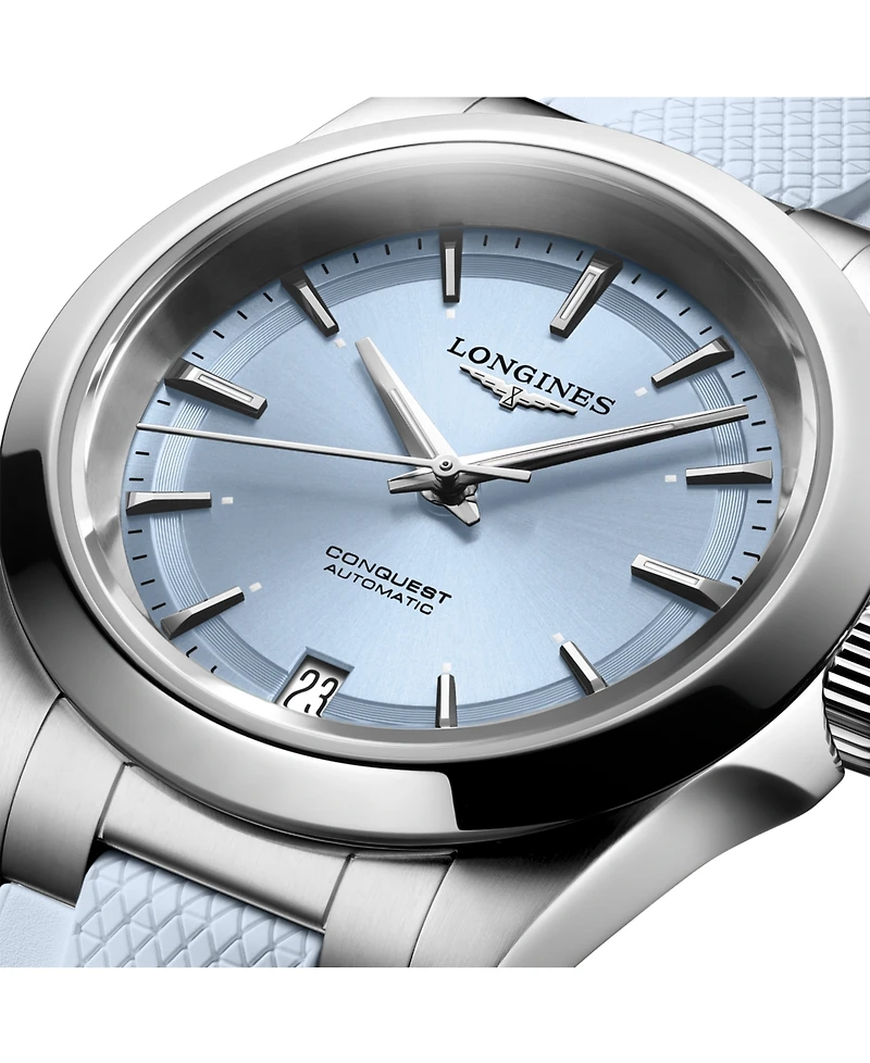 Longines Women's Swiss Automatic Conquest Blue Rubber Strap Watch 34mm