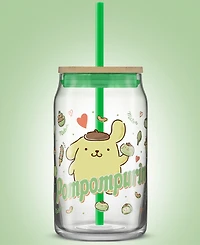 JoyJolt Hello Kitty and Friends Favorite Flavor Pompompurin Can Shaped Glass Tumbler with Wood Lid and Straw