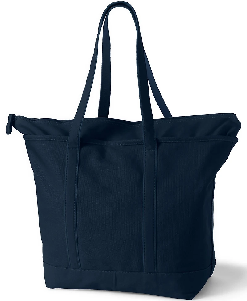 Lands' End Large Solid Color 5 Pocket Zip Top Long Handle Canvas Tote Bag