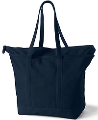 Lands' End Large Solid Color 5 Pocket Zip Top Long Handle Canvas Tote Bag