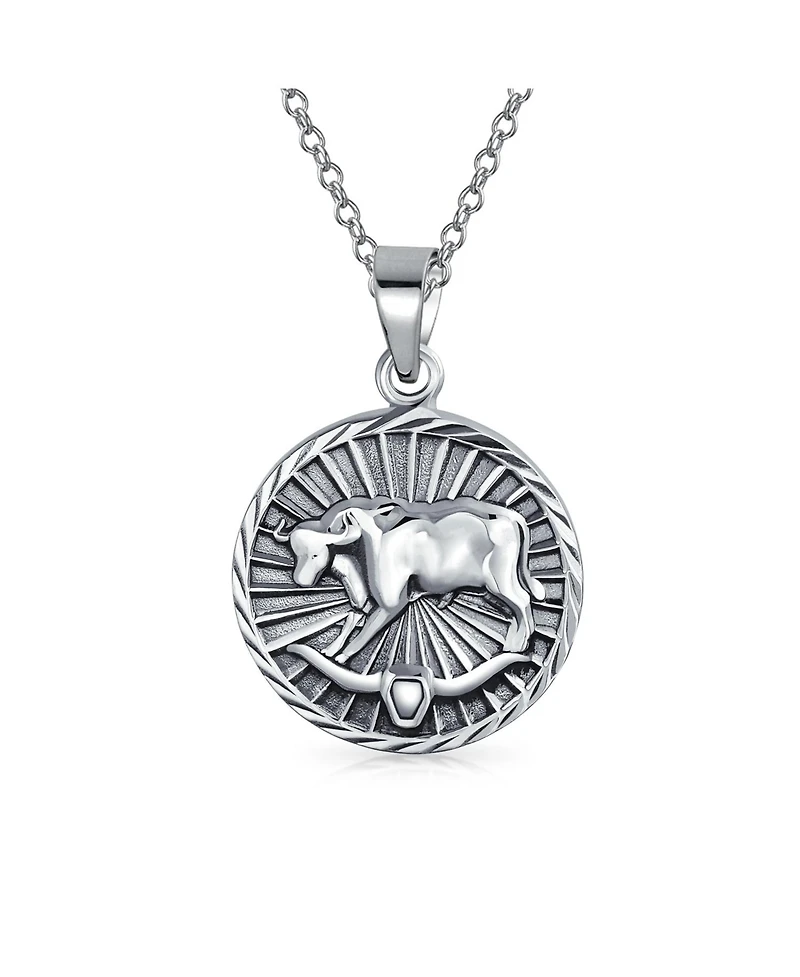Bling Jewelry Taurus Zodiac Sign Round Medallion Pendant Necklace Sterling Silver
