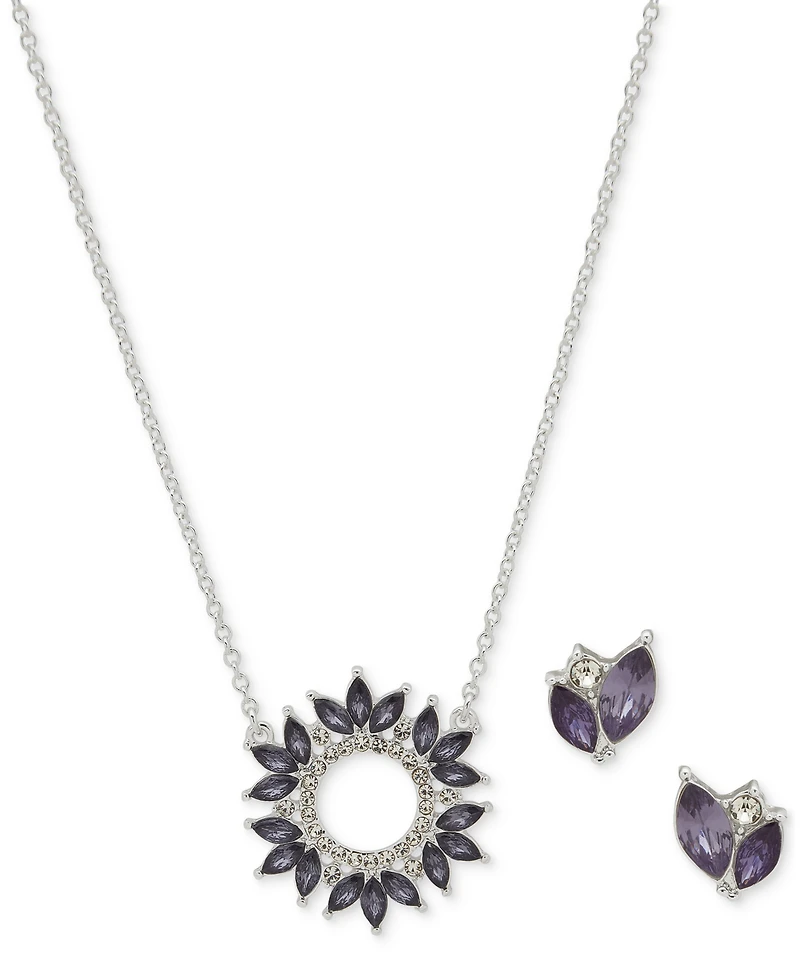 Anne Klein Silver-Tone Pave & Stone Pendant Necklace & Stud Earrings Set