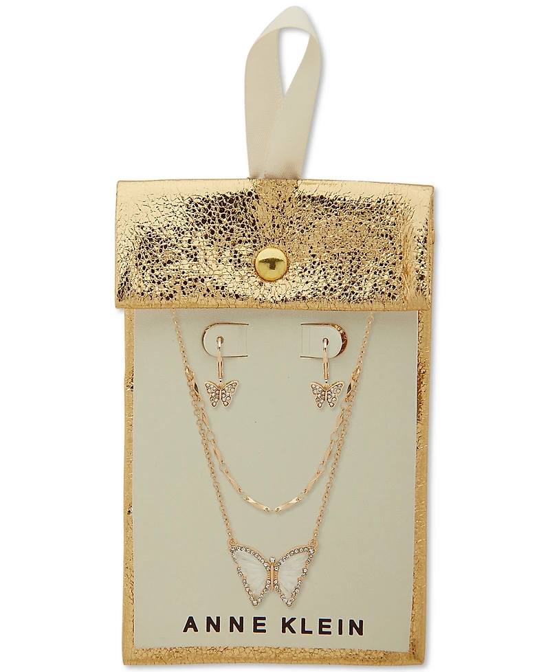 Anne Klein Gold-Tone Pave & Stone Layered Pendant Necklace Drop Earrings Set