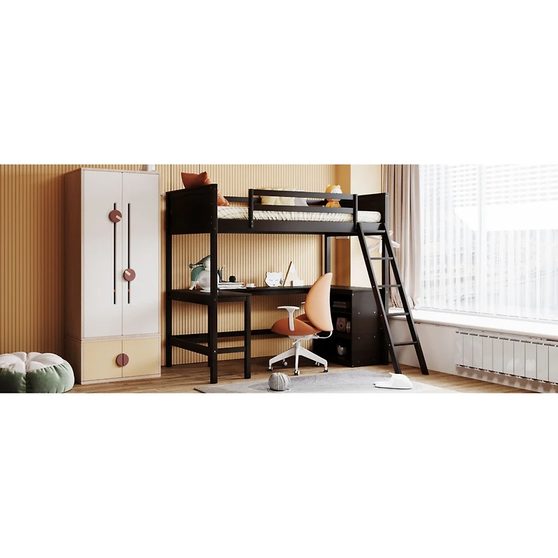 Streamdale Twin Loft Bed With Shelves And Desk, Wooden Desk